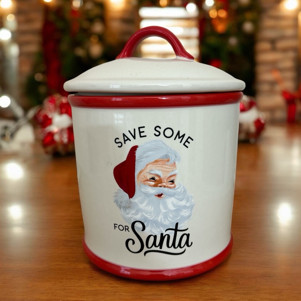 Hallmark Save Some for Santa Ceramic Cookie Jar Canister Christmas Red Cream